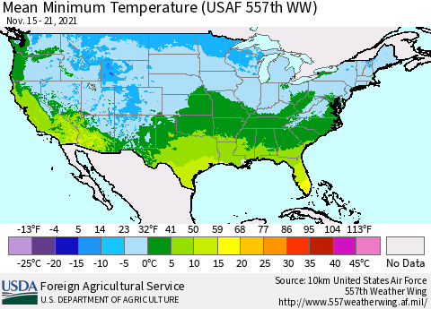 United States Mean Minimum Temperature (USAF 557th WW) Thematic Map For 11/15/2021 - 11/21/2021