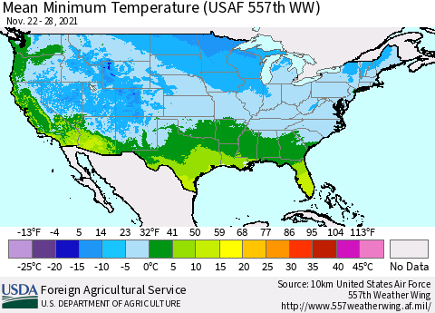 United States Minimum Temperature (USAF 557th WW) Thematic Map For 11/22/2021 - 11/28/2021