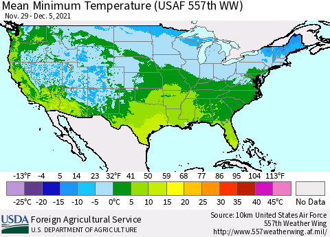 United States Mean Minimum Temperature (USAF 557th WW) Thematic Map For 11/29/2021 - 12/5/2021