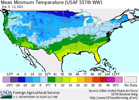 United States Mean Minimum Temperature (USAF 557th WW) Thematic Map For 12/6/2021 - 12/12/2021