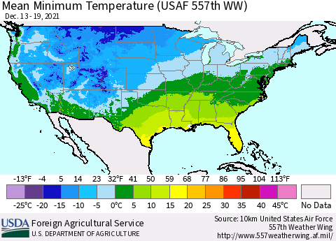 United States Minimum Temperature (USAF 557th WW) Thematic Map For 12/13/2021 - 12/19/2021
