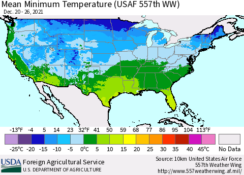United States Mean Minimum Temperature (USAF 557th WW) Thematic Map For 12/20/2021 - 12/26/2021