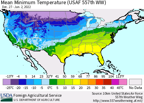 United States Minimum Temperature (USAF 557th WW) Thematic Map For 12/27/2021 - 1/2/2022