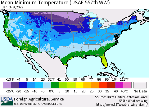 United States Minimum Temperature (USAF 557th WW) Thematic Map For 1/3/2022 - 1/9/2022