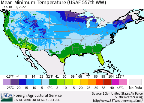 United States Minimum Temperature (USAF 557th WW) Thematic Map For 1/10/2022 - 1/16/2022