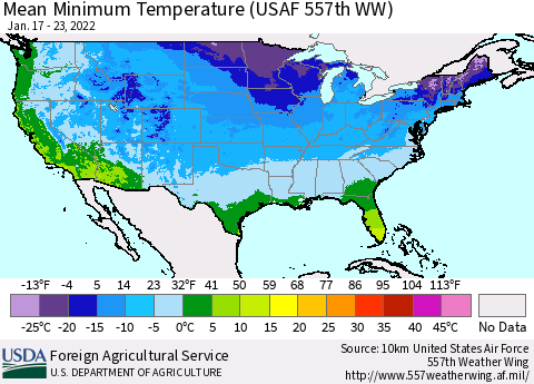 United States Minimum Temperature (USAF 557th WW) Thematic Map For 1/17/2022 - 1/23/2022