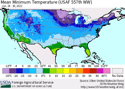 United States Mean Minimum Temperature (USAF 557th WW) Thematic Map For 1/24/2022 - 1/30/2022