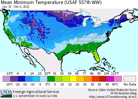 United States Minimum Temperature (USAF 557th WW) Thematic Map For 1/31/2022 - 2/6/2022