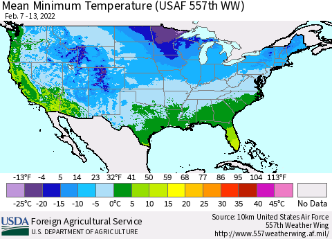 United States Minimum Temperature (USAF 557th WW) Thematic Map For 2/7/2022 - 2/13/2022
