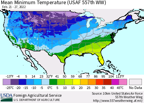 United States Minimum Temperature (USAF 557th WW) Thematic Map For 2/21/2022 - 2/27/2022