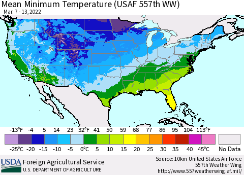 United States Minimum Temperature (USAF 557th WW) Thematic Map For 3/7/2022 - 3/13/2022