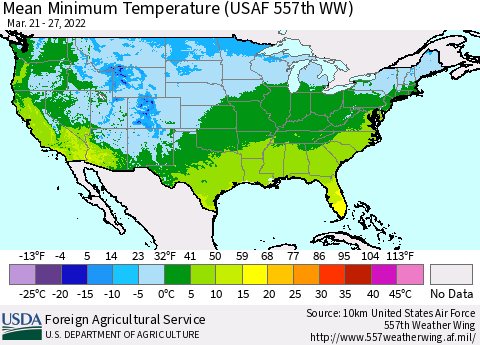 United States Minimum Temperature (USAF 557th WW) Thematic Map For 3/21/2022 - 3/27/2022