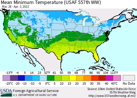 United States Minimum Temperature (USAF 557th WW) Thematic Map For 3/28/2022 - 4/3/2022