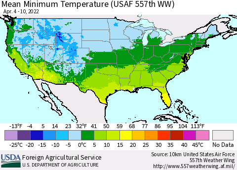 United States Minimum Temperature (USAF 557th WW) Thematic Map For 4/4/2022 - 4/10/2022