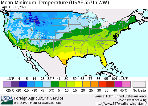 United States Minimum Temperature (USAF 557th WW) Thematic Map For 4/11/2022 - 4/17/2022