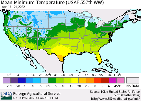 United States Mean Minimum Temperature (USAF 557th WW) Thematic Map For 4/18/2022 - 4/24/2022