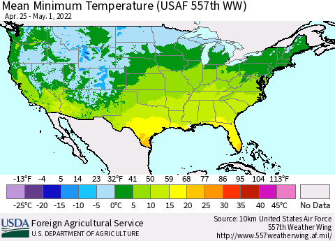 United States Minimum Temperature (USAF 557th WW) Thematic Map For 4/25/2022 - 5/1/2022
