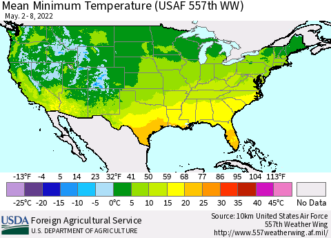 United States Mean Minimum Temperature (USAF 557th WW) Thematic Map For 5/2/2022 - 5/8/2022