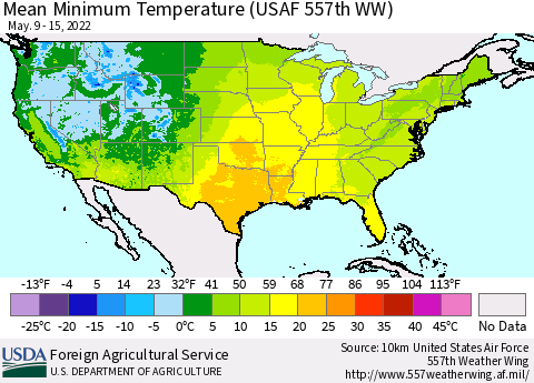 United States Minimum Temperature (USAF 557th WW) Thematic Map For 5/9/2022 - 5/15/2022
