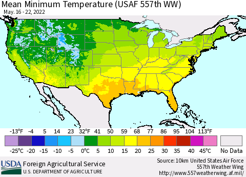 United States Minimum Temperature (USAF 557th WW) Thematic Map For 5/16/2022 - 5/22/2022
