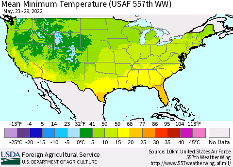 United States Mean Minimum Temperature (USAF 557th WW) Thematic Map For 5/23/2022 - 5/29/2022