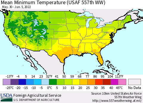 United States Minimum Temperature (USAF 557th WW) Thematic Map For 5/30/2022 - 6/5/2022
