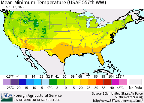 United States Minimum Temperature (USAF 557th WW) Thematic Map For 6/6/2022 - 6/12/2022