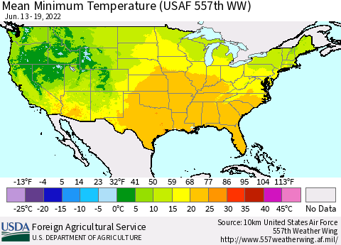 United States Minimum Temperature (USAF 557th WW) Thematic Map For 6/13/2022 - 6/19/2022