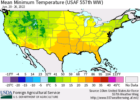 United States Minimum Temperature (USAF 557th WW) Thematic Map For 6/20/2022 - 6/26/2022