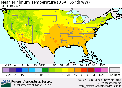 United States Mean Minimum Temperature (USAF 557th WW) Thematic Map For 7/4/2022 - 7/10/2022