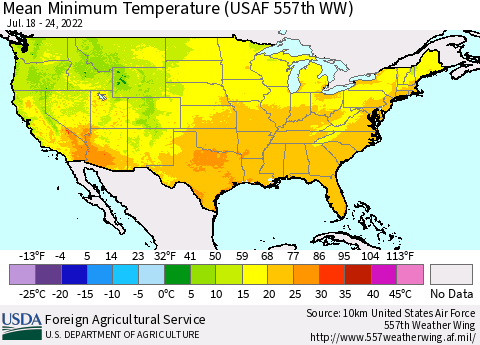 United States Minimum Temperature (USAF 557th WW) Thematic Map For 7/18/2022 - 7/24/2022