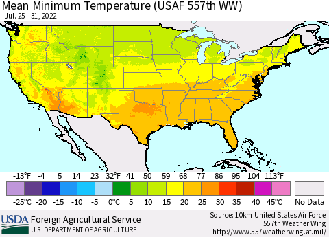United States Minimum Temperature (USAF 557th WW) Thematic Map For 7/25/2022 - 7/31/2022