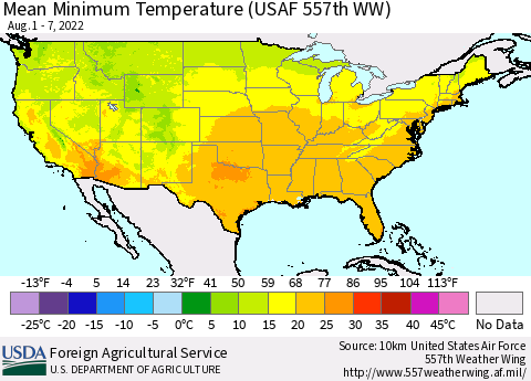 United States Minimum Temperature (USAF 557th WW) Thematic Map For 8/1/2022 - 8/7/2022