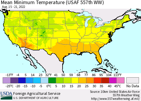 United States Minimum Temperature (USAF 557th WW) Thematic Map For 8/15/2022 - 8/21/2022