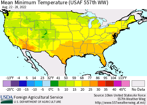 United States Minimum Temperature (USAF 557th WW) Thematic Map For 8/22/2022 - 8/28/2022
