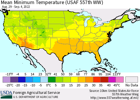 United States Minimum Temperature (USAF 557th WW) Thematic Map For 8/29/2022 - 9/4/2022