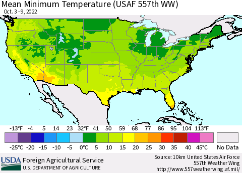 United States Mean Minimum Temperature (USAF 557th WW) Thematic Map For 10/3/2022 - 10/9/2022