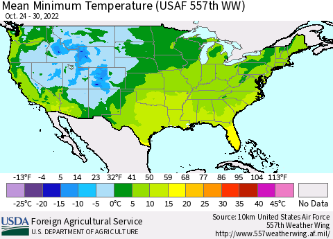 United States Mean Minimum Temperature (USAF 557th WW) Thematic Map For 10/24/2022 - 10/30/2022