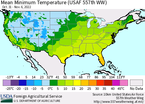 United States Mean Minimum Temperature (USAF 557th WW) Thematic Map For 10/31/2022 - 11/6/2022