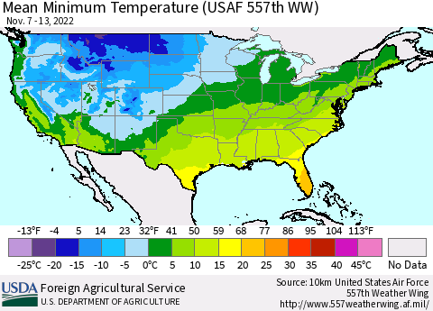 United States Mean Minimum Temperature (USAF 557th WW) Thematic Map For 11/7/2022 - 11/13/2022