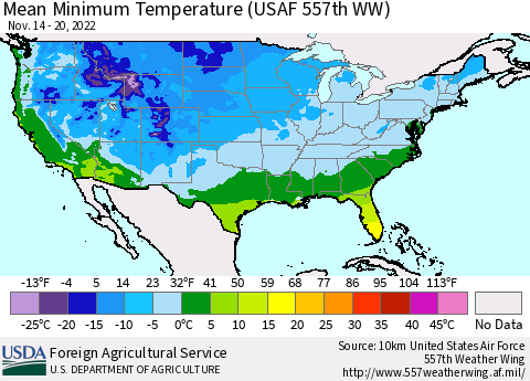 United States Mean Minimum Temperature (USAF 557th WW) Thematic Map For 11/14/2022 - 11/20/2022