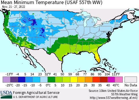 United States Mean Minimum Temperature (USAF 557th WW) Thematic Map For 11/21/2022 - 11/27/2022