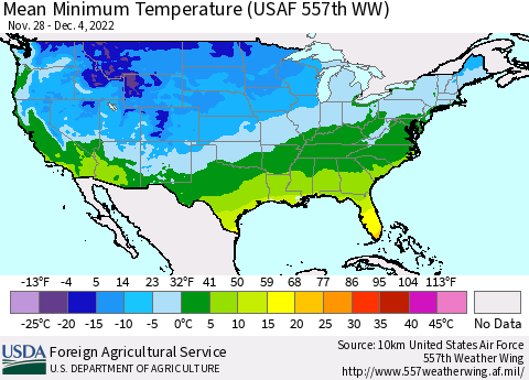 United States Mean Minimum Temperature (USAF 557th WW) Thematic Map For 11/28/2022 - 12/4/2022