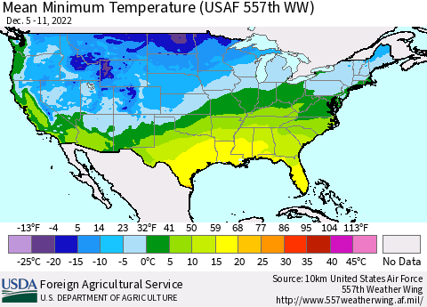 United States Mean Minimum Temperature (USAF 557th WW) Thematic Map For 12/5/2022 - 12/11/2022