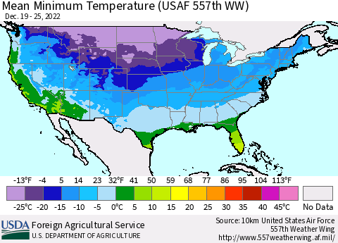 United States Mean Minimum Temperature (USAF 557th WW) Thematic Map For 12/19/2022 - 12/25/2022