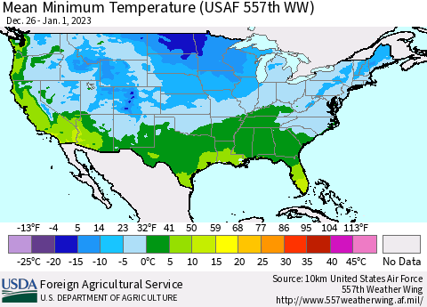 United States Mean Minimum Temperature (USAF 557th WW) Thematic Map For 12/26/2022 - 1/1/2023
