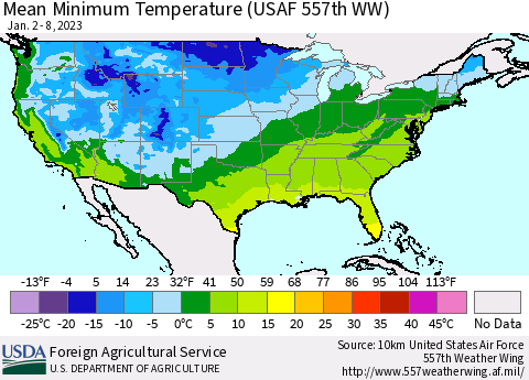 United States Mean Minimum Temperature (USAF 557th WW) Thematic Map For 1/2/2023 - 1/8/2023