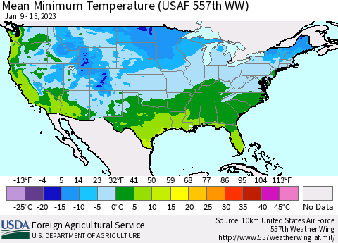 United States Mean Minimum Temperature (USAF 557th WW) Thematic Map For 1/9/2023 - 1/15/2023