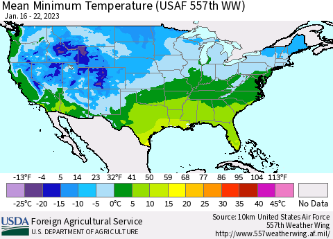 United States Mean Minimum Temperature (USAF 557th WW) Thematic Map For 1/16/2023 - 1/22/2023