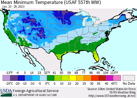 United States Mean Minimum Temperature (USAF 557th WW) Thematic Map For 1/23/2023 - 1/29/2023
